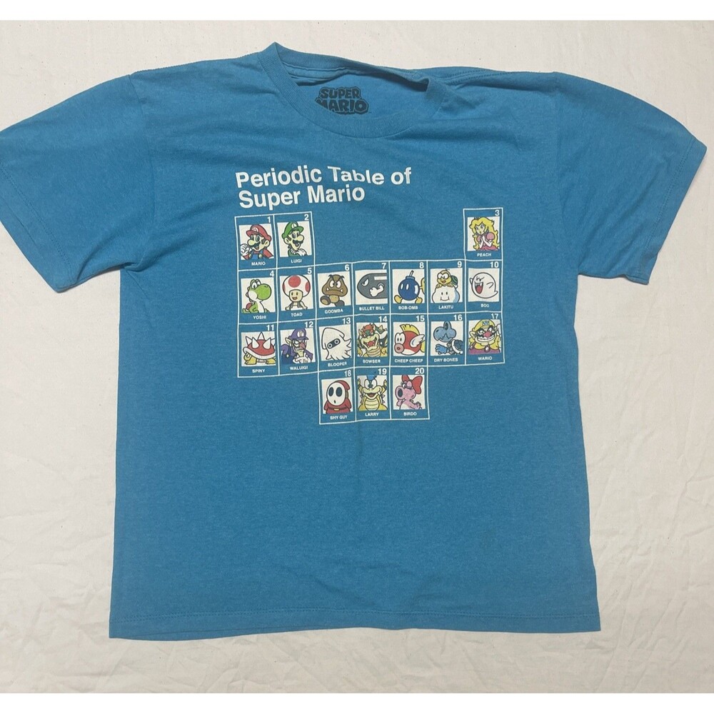 Super Mario Shirt Kids M Blue Short Sleeve Crew Neck Periodic Table Video Game